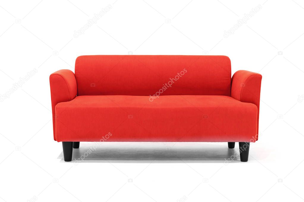 Red Scandinavian style contemporary sofa on white background with modern and minimal furniture design for stylish living room.