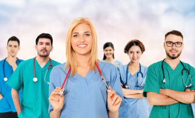 Healthcare people group. Professional doctor working in hospital office or clinic with other doctors, nurse and surgeon. Medical technology research institute and doctor staff service concept. clipart