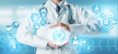 Tıbbi sağlık araştırma ve geliştirme kavramı. Doktor hastane laboratuarında bilim sağlık araştırma simge ile göster: tıbbi bakım teknoloji yenilik, tıp keşif ve sağlık veri sembolü.
