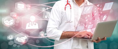 Simge grafik arayüzü gösteren sağlık insanlar, para planlama, risk yönetimi, tıbbi tedavi ve kapsama yararı sağlık sigortası kavramı - Doktor hastanede sağlık sigortası ile ilgili.