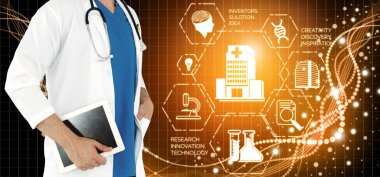 Tıbbi sağlık araştırma ve geliştirme kavramı. Doktor hastane laboratuarında bilim sağlık araştırma simge ile göster: tıbbi bakım teknoloji yenilik, tıp keşif ve sağlık veri sembolü.