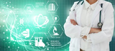 Tıbbi sağlık araştırma ve geliştirme kavramı. Doktor hastane laboratuarında bilim sağlık araştırma simge ile göster: tıbbi bakım teknoloji yenilik, tıp keşif ve sağlık veri sembolü.