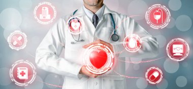 Tıbbi sağlık kavramı - doktor hastane ilaç, tıbbi bakım insanlar, acil servis ağı, hastanın sağlık doktor veri dijital tıbbi simgeleri grafik afiş gösteren sembolü ile.