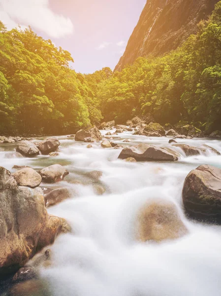 Rocky River Landscape Rainforest Mountains Background Shot Tutoko River Milford — Stock Photo, Image