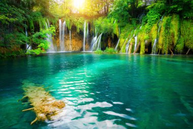 Plitvice Gölleri Hırvatistan Şelale manzara.