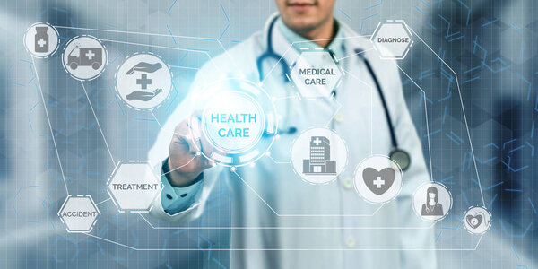 Doctor with Medical Healthcare Graphic in Hospital