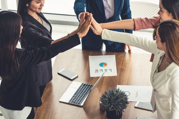 Teamwork businesswomen joining hands in meeting. — Stock Photo, Image