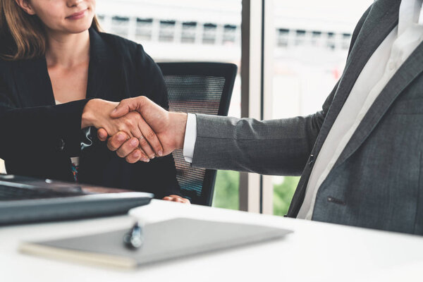 Businessman handshake businesswoman in office.