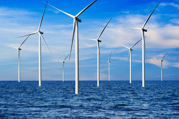 Wind turbine farm in beautiful nature landscape.