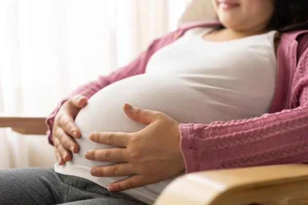 Mulher grávida feliz e esperando bebê em casa. — Fotografia de Stock