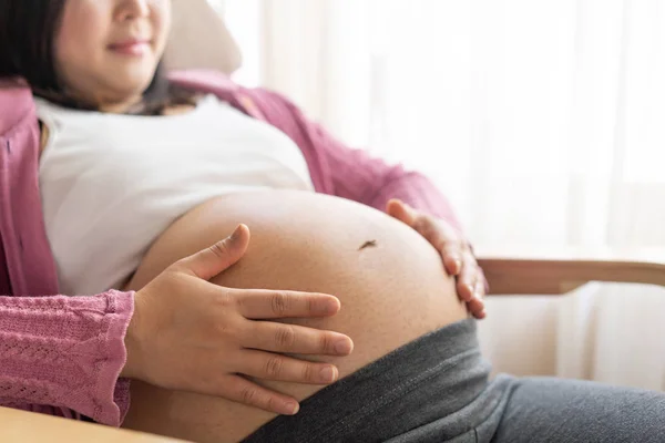 Mujer embarazada feliz y esperando un bebé en casa. —  Fotos de Stock