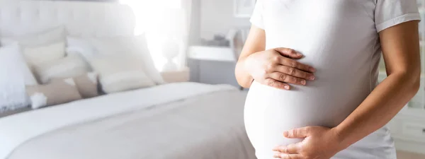 Mulher grávida feliz e esperando bebê em casa. — Fotografia de Stock