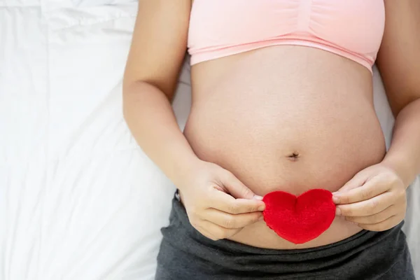 Mujer embarazada feliz y esperando un bebé en casa. — Foto de Stock