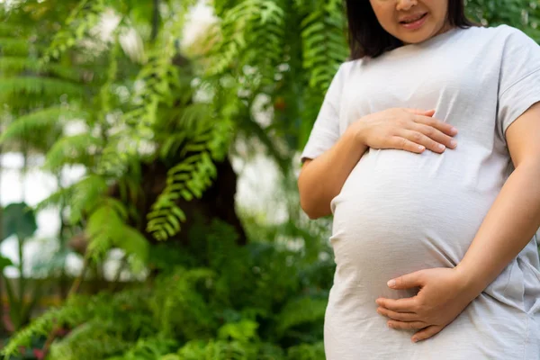 Mujer embarazada feliz y esperando un bebé en casa. — Foto de Stock