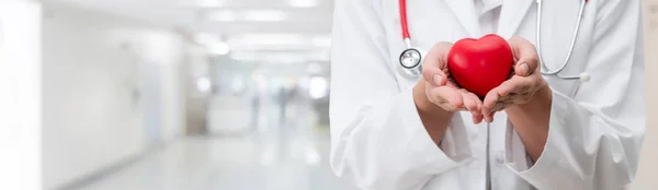 Doctor sosteniendo un corazón rojo en la oficina del hospital . — Foto de Stock