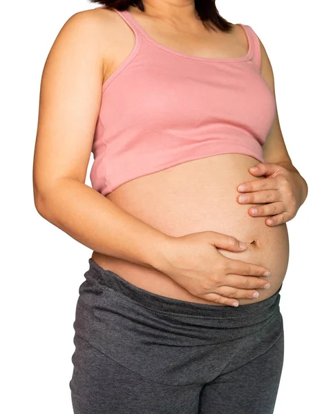 Ευτυχισμένη έγκυος γυναίκα που απομονώνονται σε λευκό φόντο. — Φωτογραφία Αρχείου