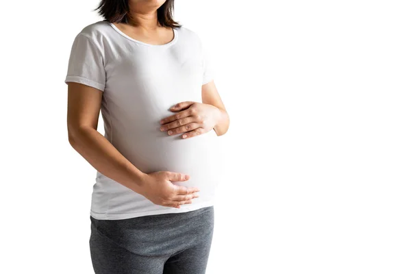 Felice donna incinta isolato su sfondo bianco . — Foto Stock