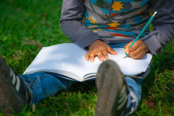 小孩子在公园的笔记本上写字. — 图库照片
