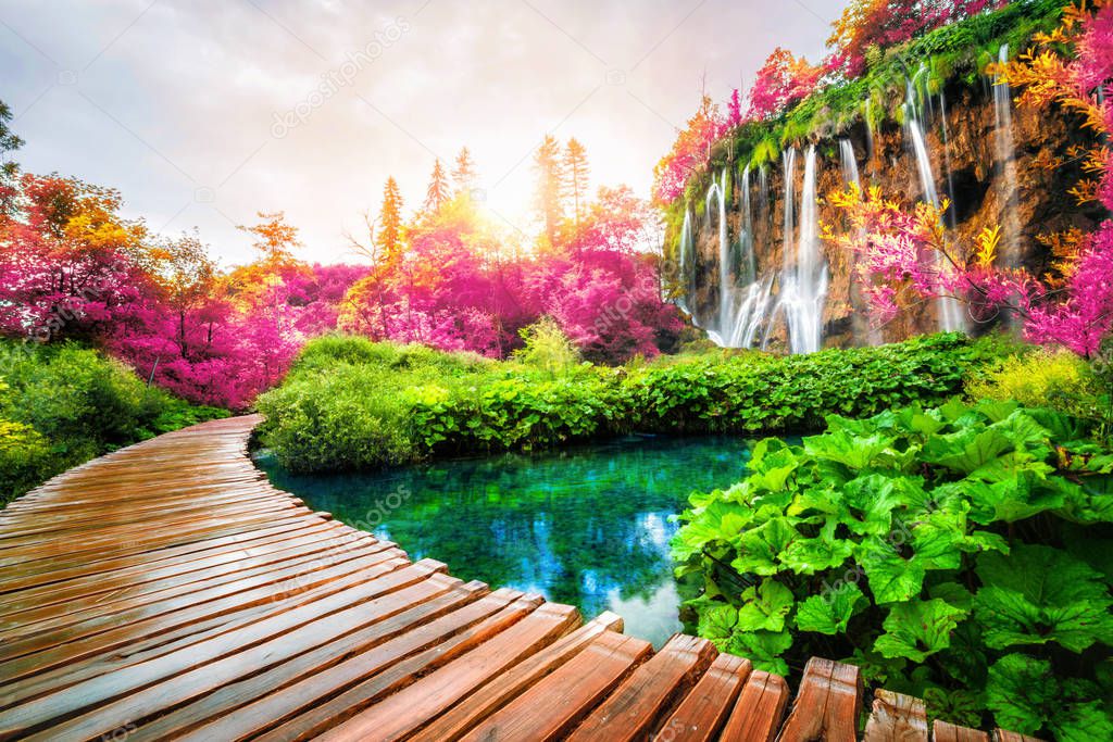 Beautiful wooden path in Plitvice Lake, Croatia.