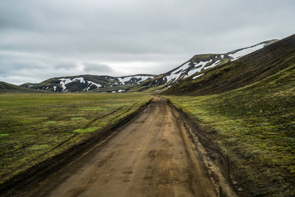 Road to Landmanalaugar on highlands of Iceland.