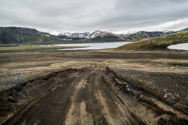 Road to Landmanalaugar on highlands of Iceland.