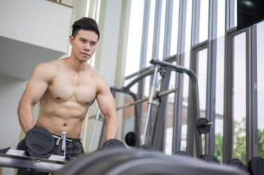 Kaslı adam vücut geliştirmeci dumbbells ile eğitim.