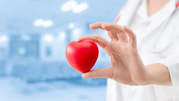 Doctor sosteniendo un corazón rojo en la oficina del hospital . —  Fotos de Stock