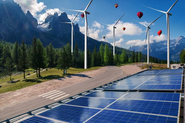 Panel solar y parque eólico energía limpia. — Foto de Stock
