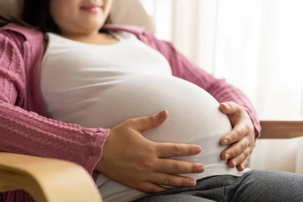 Mujer embarazada feliz y esperando un bebé en casa. — Foto de Stock