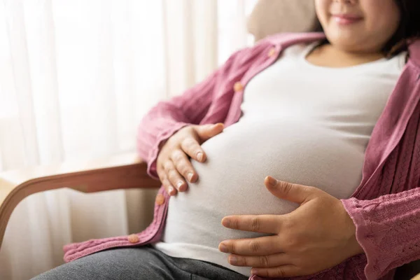 Mujer embarazada feliz y esperando un bebé en casa. — Foto de Stock