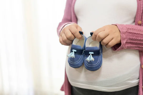 Mujer embarazada feliz y esperando un bebé en casa. — Foto de Stock