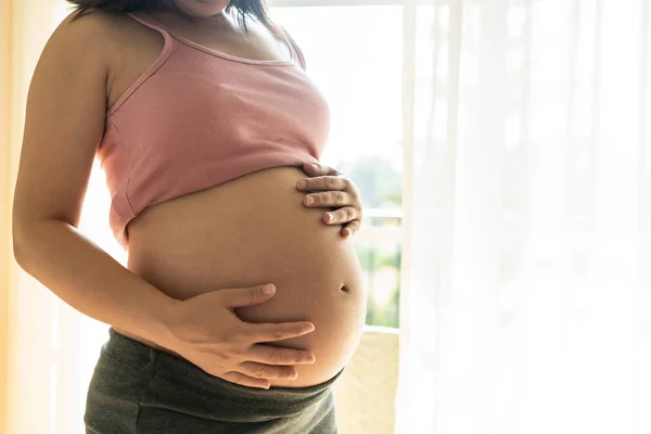 Mujer embarazada feliz y esperando un bebé en casa. — Foto de Stock