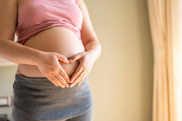 Mujer embarazada feliz y esperando un bebé en casa. — Foto de Stock