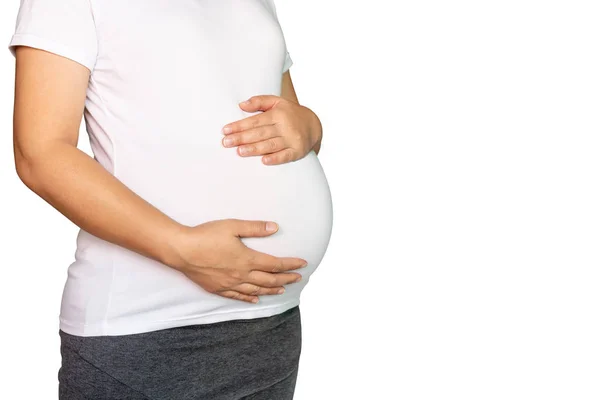 Felice donna incinta isolato su sfondo bianco . — Foto Stock