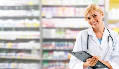 Woman pharmacist working at pharmacy. clipart