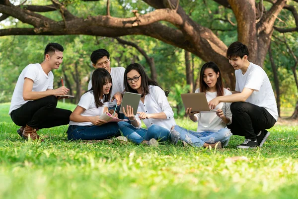 Команда молодых студентов, обучающихся в парке . — стоковое фото