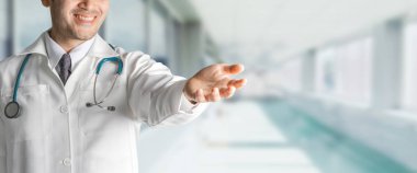 Doktor metin pankart tasarımı için ellerini aç.