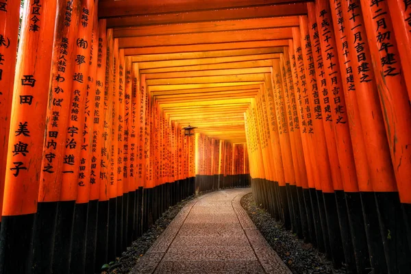 Portas vermelhas do Torii em Fushimi Inari em Kyoto, Japão . — Fotografia de Stock