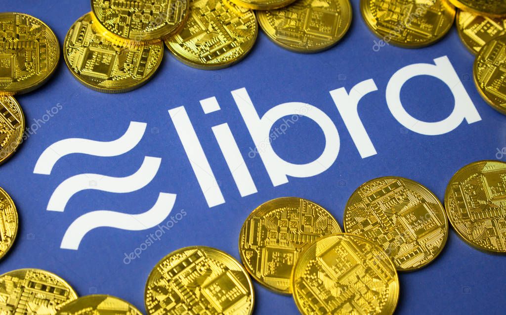 Bangkok, Thailand - July 2, 2019: Libra logo is printed on white paper. Facebook reported to utilize new cryptocurrency called Libra. Libra was reported to be used for purchases in Facebook and other.