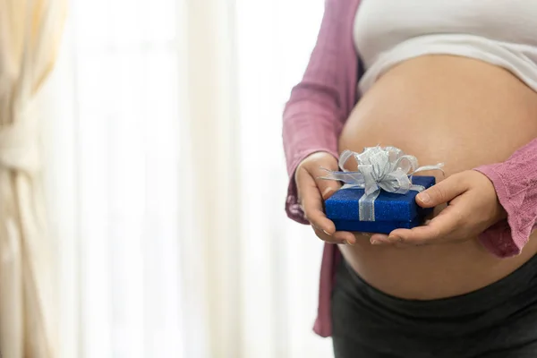 Mujer embarazada feliz y esperando un bebé en casa. — Foto de Stock