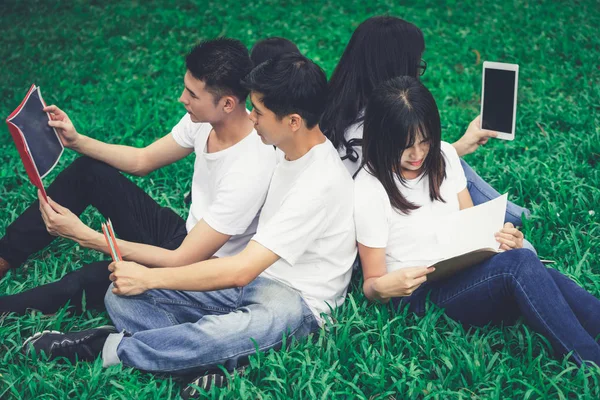 Equipe de jovens estudantes que estudam no parque . — Fotografia de Stock