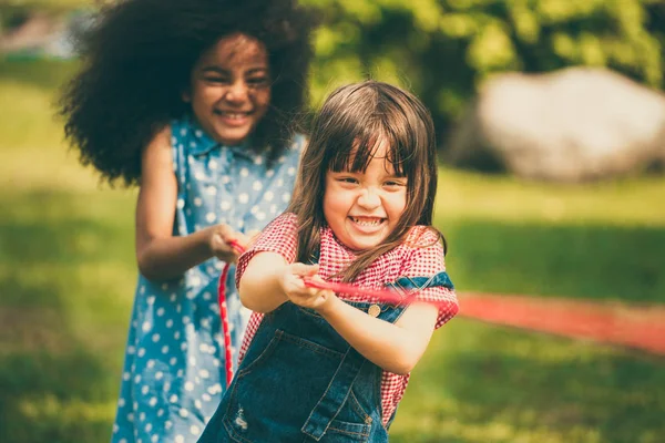 Glückliche Kinder beim Tauziehen im Park. — Stockfoto