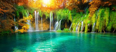 Plitvice Gölleri Hırvatistan Şelale manzara.