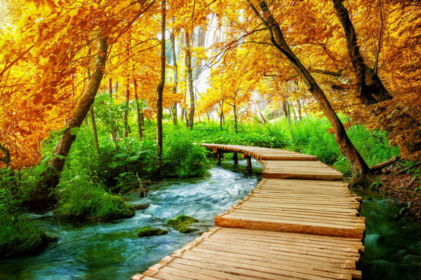 Beautiful wooden path in Plitvice Lake, Croatia.
