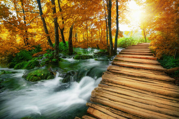 Beautiful wooden path in Plitvice Lake, Croatia.