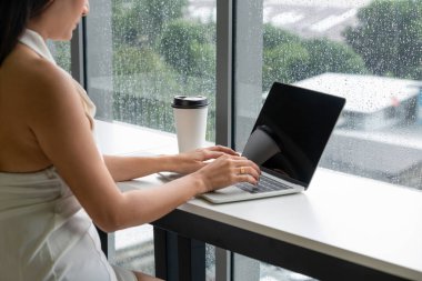 Kafede dizüstü bilgisayar kullanan iş kadını.
