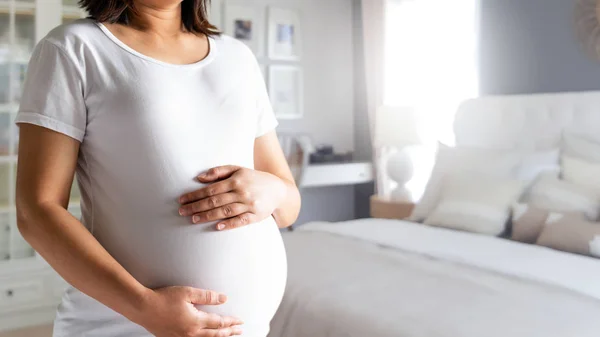 Happy pregnant woman and expecting baby at home.