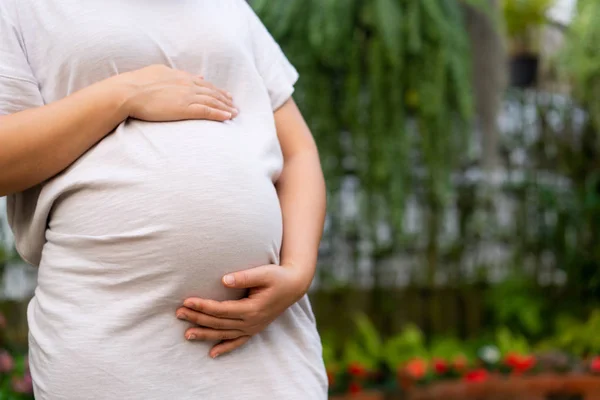 Mujer embarazada feliz y esperando un bebé en casa. — Foto de Stock