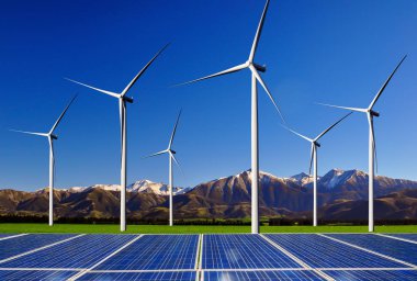 Güneş paneli ve rüzgar türbini çiftliği temiz enerji.