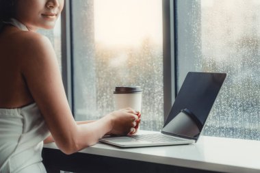 Kafede dizüstü bilgisayar kullanan iş kadını.